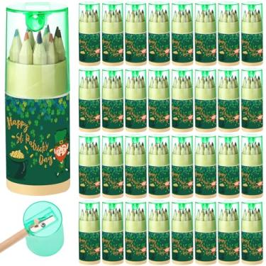 Imagem de Fumete Pacote com 32 mini lápis de cor de Dia de São Patrício, lápis de colorir a granel com apontador em tubo, lápis de cor para crianças, lápis de esboço, material escolar para crianças, adultos,