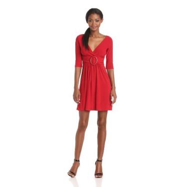 Imagem de Star Vixen Vestido feminino com detalhe de fivela de manga 3/4, Vermelho liso, G