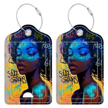 Imagem de Bvkilrvc 2 etiquetas de bagagem para mala, etiquetas exclusivas de couro graffiti para meninas negras com capa de privacidade completa laço de aço inoxidável para mulheres e homens bolsa de viagem