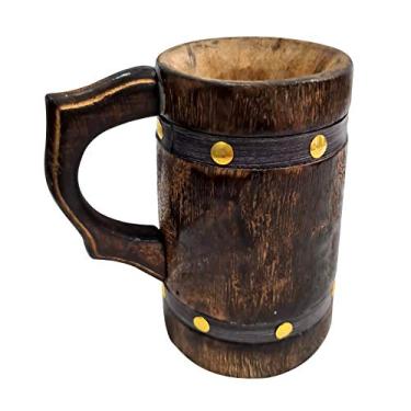 Imagem de Caneca de madeira rústica feita à mão barril de couro decoração de casa utensílios de bebida viking estilo antigo caneca de tanque para cerveja café alimentos bebidas seguras