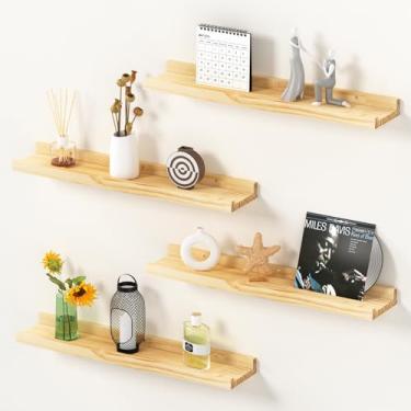 Imagem de Prateleiras flutuantes para parede, prateleiras de parede de madeira para banheiro, sala de estar, quarto, cozinha, prateleiras de armazenamento de parede de 60 cm com bordo, conjunto de 4 prateleiras