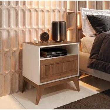 Imagem de VIA NOSSA - Mesa de Cabeceira Siena tampo e pés em Mdf com 1 Gaveta - Off white e nogueira