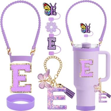 Imagem de ZYBIDEAL Conjunto de acessórios roxos de 8 peças para Stanley Cup, 3 peças de canudo de 10 mm, alça de silicone para garrafa de água, bota para Stanley 30 e 1,134 g, corrente com pingente de letra,