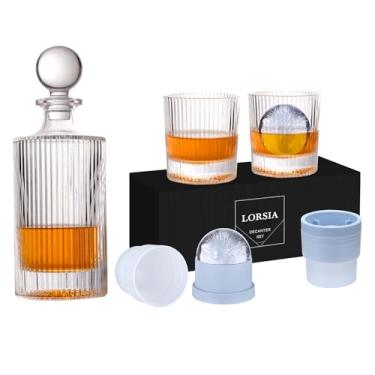 Imagem de Conjunto de decantador de uísque com caixa de presente – Inclui 2 copos de cristal Bourbon e 2 moldes grandes para bolas de gelo – Conjunto de copos de uísque para uísque, coquetéis, rum, conhaque e