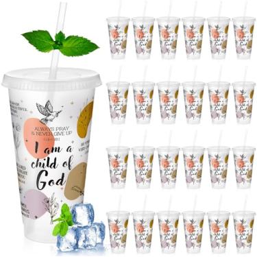 Imagem de Skylety 24 conjuntos de copos cristãos versículo bíblico copos de plástico com tampas e canudo 680 g copos cristãos para mulheres, lembrancinhas de festa cristãs, copos cristãos para mãe, presente