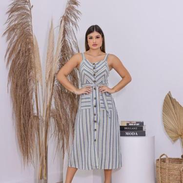 Imagem de Vestido Feminino Midi Listrado em Sarja com Botões Frontais Bolsos e F