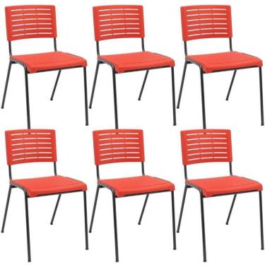 Imagem de Kit 06 Cadeiras Empilhável Fixa Escritório Multiuso Base Preta Kimi P03 Vermelho - Lyam Decor