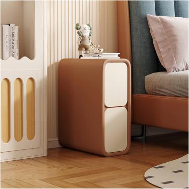 Imagem de Mesa lateral de sofá estreita | Mesa de cabeceira fina minimalista com 2 gavetas | Mesa de cabeceira de couro de microfibra, móveis de quarto de madeira para espaços pequenos, marrom claro + bege, 35