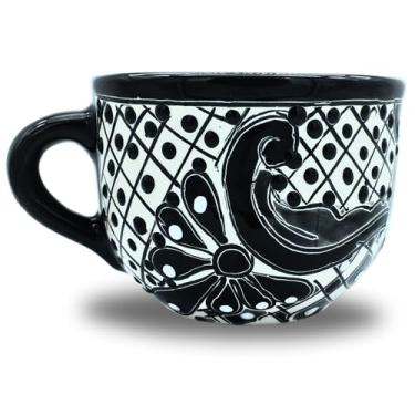Imagem de Caneca larga de cerâmica preta - Caneca de café de cerâmica mexicana pintada à mão em caixa de presente - Pode ser lavada na lava-louças - Estilo mexicano - Caneca Talavera Fiesta - Taza Ancha negra