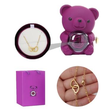 Imagem de Lrioehny Caixa de presente de urso rosa com colar de coração duplo, urso de pelúcia romântico com rosa preservada, urso de flores de rosas eternas para esposa, mãe, avó, namorada, Natal, dia dos
