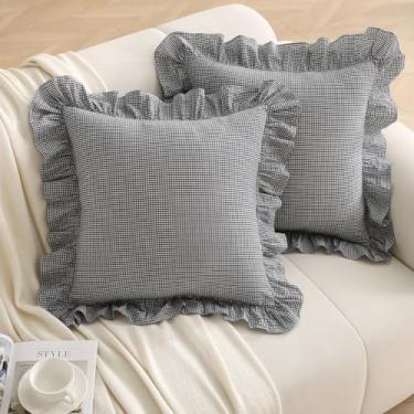 Imagem de Silnuo Capas de almofada xadrez preta/branca com babados, guingão quadriculado, 45,72 cm x 45,72 cm, vintage, de algodão lavado para sofá, cama e sala de estar