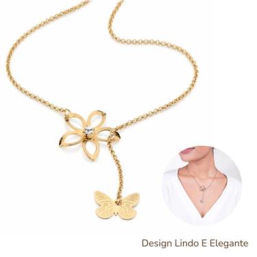 Imagem de Gargantilha Rommanel Flor E Borboleta Banhada Ouro 18k Linda Feminina 
