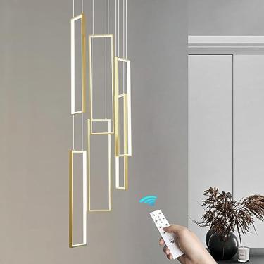 Imagem de FDPBY Luminária Pendente Moderna Com Regulagem De Intensidade, Dourada, 108W, Led, 6 Anéis, Retangular, Escada, Lustre Grande, Hall, Sala De Estar, Hall, Lustres De Teto Alto