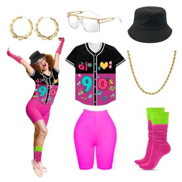 Imagem de Conjunto de acessórios femininos dos anos 80 anos 80, camisa de jérsei de beisebol, shorts neon, meias folgadas, faixa de cabeça, Beisebol - anos 90 - rosa, 3G