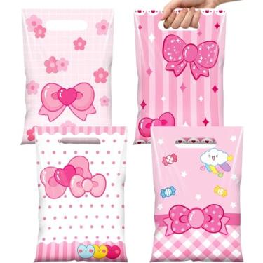 Imagem de Blosssound 100 peças de sacolas de plástico para presente de gato rosa fofas lembranças de festa de gato com laço rosa com alças para aniversário, casamento, noiva, noivado, festa, decoração