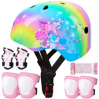 Imagem de Conjunto de joelheiras e cotoveleiras de capacete de bicicleta infantil, conjunto de equipamento de proteção ajustável com adesivos DIY para meninas de 3 a 5 a 8 anos