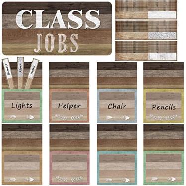 Imagem de 75 peças de quadro de avisos de trabalho de classe colorido conjunto de quadros de bolso ajudante de professor decoração de quadro de avisos de sala de aula para volta às aulas (estilo de grão de madeira)