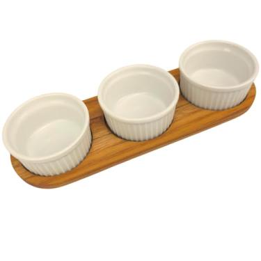 Imagem de Kit molho com Ramekim de porcelana Suporte de madeira Teca