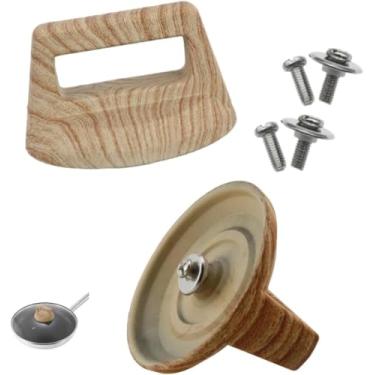 Imagem de Maçaneta de substituição superior da tampa de panela universal alças de fixação de panela de grão de madeira puxador de mão com parafusos para panelas de cozinha (cor de madeira, 1 peça)