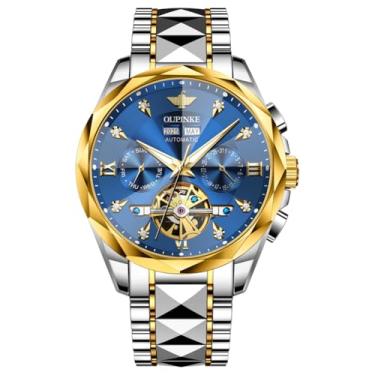 Imagem de OUPINKE Relógio masculino esqueleto automático mecânico luxuoso relógio de pulso preto à prova d'água luminoso cristal de safira de tungstênio, 3316: mostrador azul com pulseira branca, 3316