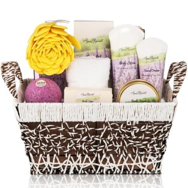 Imagem de Aqua Elegante Cestas De Spa Para Mulheres - Conjunto Banho Luxo Com Lavanda E Óleo Melaleuca. O Kit Inclui Sabonete Líquido, Espuma, Loção, Sais, Esfoliante Corporal, Creme As Mãos, Esponja Banho, B