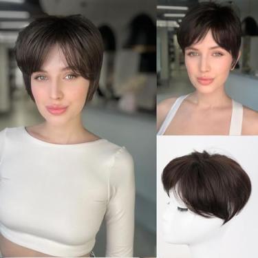 Imagem de CINHOO Apliques Para Cabelo Curto Cacheado Feminino Com Cobertura 3D 360°, Corte Pixie Castanho Chocolate, Franjas Presilhas (Castanho Chocolate)