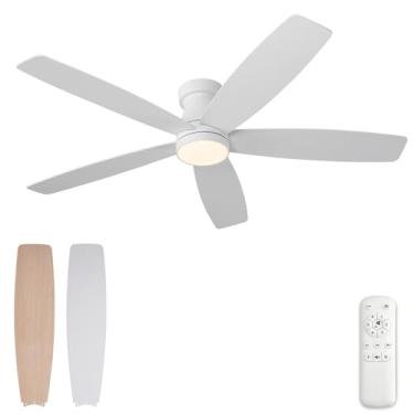Imagem de okdeng Ventiladores De Teto 52" Com Luzes E Controle Remoto, Ventilador Embutido Branco, Função Memória, Motor Cc Reversível Silencioso, Perfil Baixo Para Sala Estar, Quarto Área Externa (Branco Mad