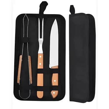 Imagem de Kit para Churrasco 3 Peças Aço Inox Cabo de Madeira Com Estojo Acessórios Faca, Garfo e Pegador