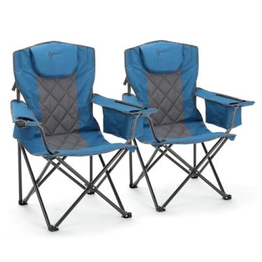 Imagem de ARROWHEAD OUTDOOR Pacote com 2 poltronas dobráveis portáteis de luxo para acampamento com apoio de cabeça, suporte de copo e vidro, refrigerador Armest para 6 latas, bolsa de transporte resistente