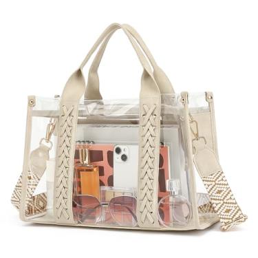 Imagem de Bolsa feminina transparente aprovada para estádios, bolsa transversal de tecido, bolsa transparente para eventos em estádios, bolsa de plástico para trabalho, praia, Bege, Large
