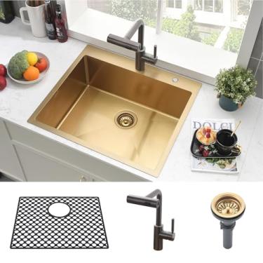 Imagem de Pia de barra dourada com torneira, pia de barra de cozinha pequena Brovy 50,8 x 40,6 cm para uso externo, Rv, calibre 18, montagem superior, pias de cozinha de aço inoxidável, tigela única com tapete