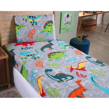 Imagem de Kit Jogo De Lençol Solteiro Com Elástico 2 Peças(Dino Cinza)