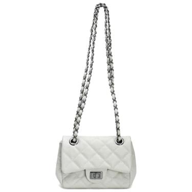 Imagem de Bolsa Cosenza Feminina Mini Bag, Couro Legítimo Matelassê, Alça Corrente (Branco C/Grafite)