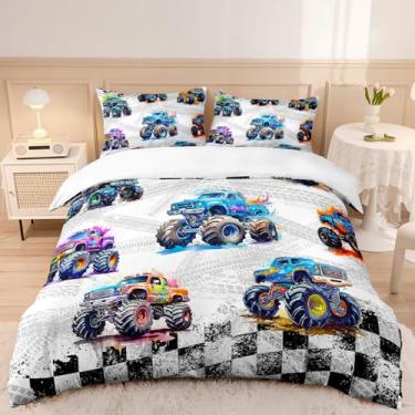 Imagem de AILONEN Jogo de cama solteiro de caminhão monstro colorido de 3 peças, com estampa de caminhões de desenho animado e bandeira quadriculada, capa de edredom perfeito para quartos de crianças, 1 capa de