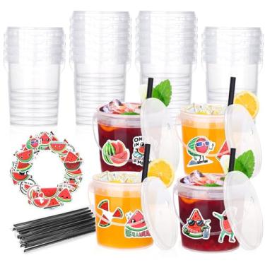 Imagem de Baldes de bebida com 30 peças para festas com tampas e canudos, recipientes descartáveis de plástico de rum, com 50 peças, adesivos de melancia para festa de piquenique na piscina