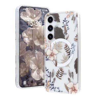 Imagem de AIGOMARA Capa magnética para Samsung Galaxy S24 [compatível com MagSafe] Design com estampa floral transparente, fina, antiamarelamento, à prova de choque, para mulheres e meninas, marrom