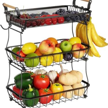 Imagem de Cesta de Frutas,Cestos de Legumes de 3 Níveis para Cozinha | Organizador de Armazenamento em Arame Metálico com Ganchos para Banana para Legumes, Pão, Lanches, Despensa, Casa e Apartamento