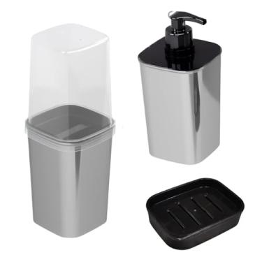 Imagem de Kit Banheiro Porta Sabonete Líquido e Porta Escova de Dente Preto ou Madeira Modelos (Prateado)