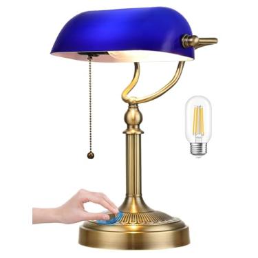 Imagem de Newrays Luminária de mesa de vidro azul, luminária de mesa regulável contínua para estudo, escritório em casa, lâmpada LED incluída