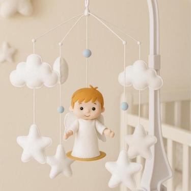 Imagem de Móbile de Berço com Anjinho em Feltro Branco  Estrelas e Nuvens Decora