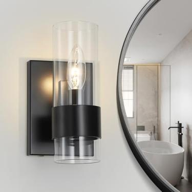 Imagem de WUZUPS Conjunto de 2 1 luminária de parede de banheiro sobre espelho Flat Class Shade Morden Vanity Scones para banheiro, quarto, sala de estar, base E12, preto