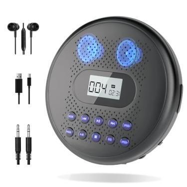 Imagem de Leitor de CD portátil com alto-falantes estéreo duplos ARAFUNA, leitor de CD recarregável para carro, proteção anti-salto, leitor de CD com botão retroiluminado e visor LCD, cabo AUX de 3,5 mm