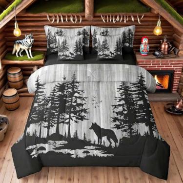 Imagem de Feelyou Jogo de cama de lobo fofo com 7 peças, cama uivando lobos em uma bolsa, animais selvagens, todas as estações, tamanho Queen, conjunto de cama de árvore cinza com edredom, conjunto de lençóis,