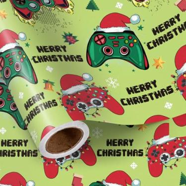 Imagem de LeZakaa Papel de embrulho de Natal Gamer para meninos e homens, chapéu de Papai Noel com controle de videogame, design verde inovador, presentes de Natal para lembrancinhas de festa de inverno