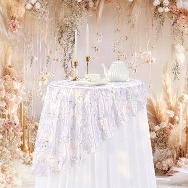 Imagem de Fanqisi Toalha de mesa redonda branca 3D roseta de cetim toalha de mesa de aniversário de 127 cm para decoração de festa de cerimônia ao ar livre de casamento