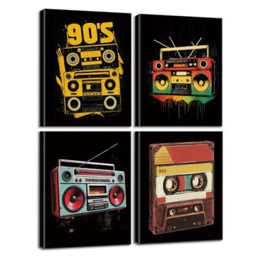 Imagem de Arte de parede retrô dos anos 90 emoldurada e cassete, conjunto de tela de 4 peças, impressões de tema de música vintage para decoração de bar quarto homem caverna 20 x 25 cm