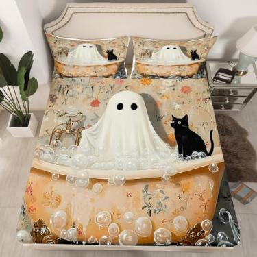 Imagem de Jogo de lençol solteiro rústico com estampa de fantasma de fazenda, 2 peças, temática de Halloween, gato engraçado (sem lençol de cima), lençol com elástico alto, lençol com elástico alto, lençol de