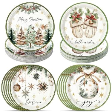Imagem de Moinchore 100 peças de pratos de papel de Natal descartáveis de 22 cm com luvas verdes e brancas para árvore de Natal, bola de sino, estrelas da Morávia, pratos redondos de jantar para decoração de