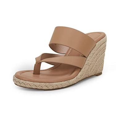 Imagem de Coutgo Sandálias femininas de alpargata, plataforma, tira de couro, sem costas, sem cadarço, verão, casual, chinelos, Caqui, 41