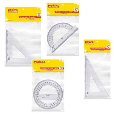 Imagem de Kit 4un Transferidor Esquadro Escolar Matemática Geometria - Waleu